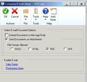 the E-mail Message: set up Email for Sales Dynamics GP