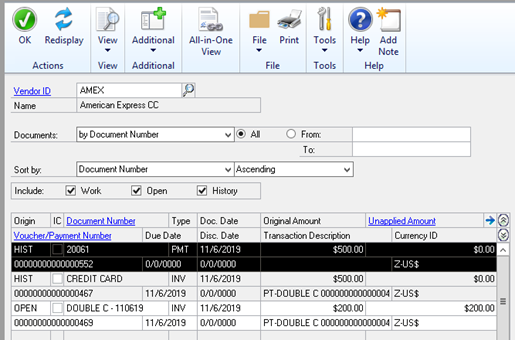 Credit Card Vendor Inquiry before showing Invoice created from Payment on Regular Vendor in Dynamics GP (formerly known as Great Plains)