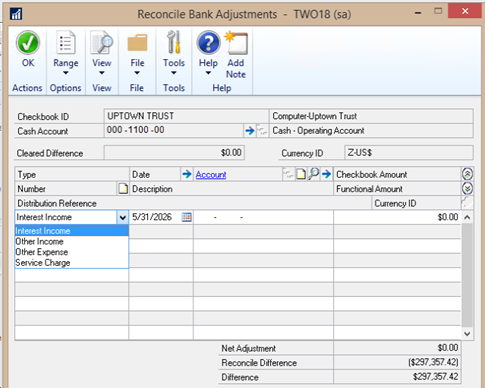 Enter Adjustments into checkbook in Dynamics Great Plains - Bank Reconciliation SMB SUITE