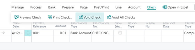 How to void an unused check in Microsoft Dynamics 365 Business Central SMB SUITE